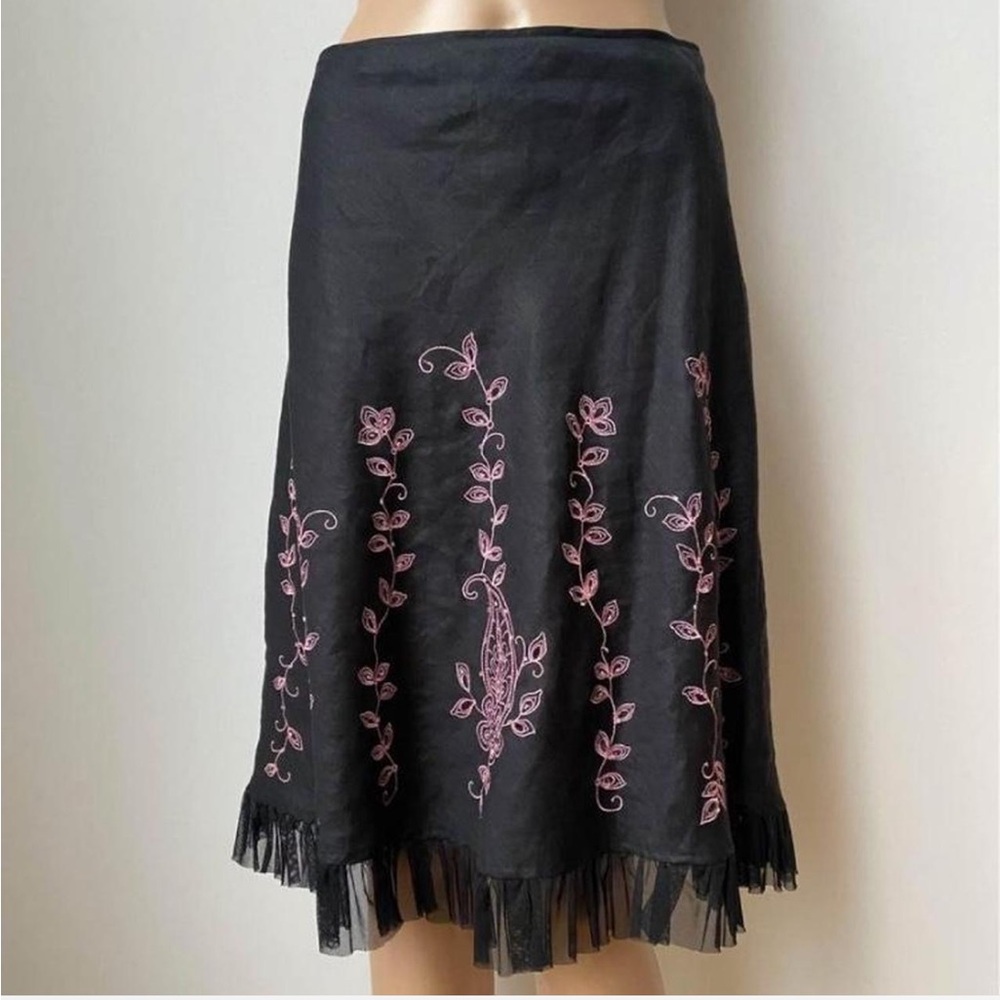 Anne Carson Black A-Line Midi Skirt with Pink Floral Embroidery